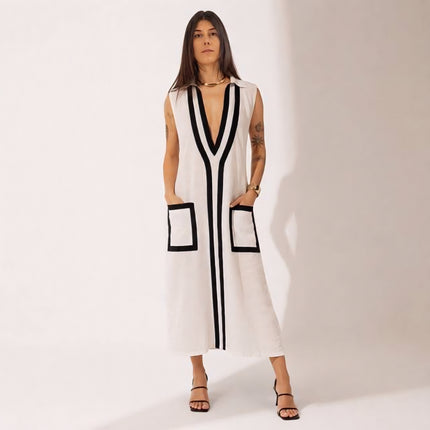 Linen Contrast Trim Maxi Dress