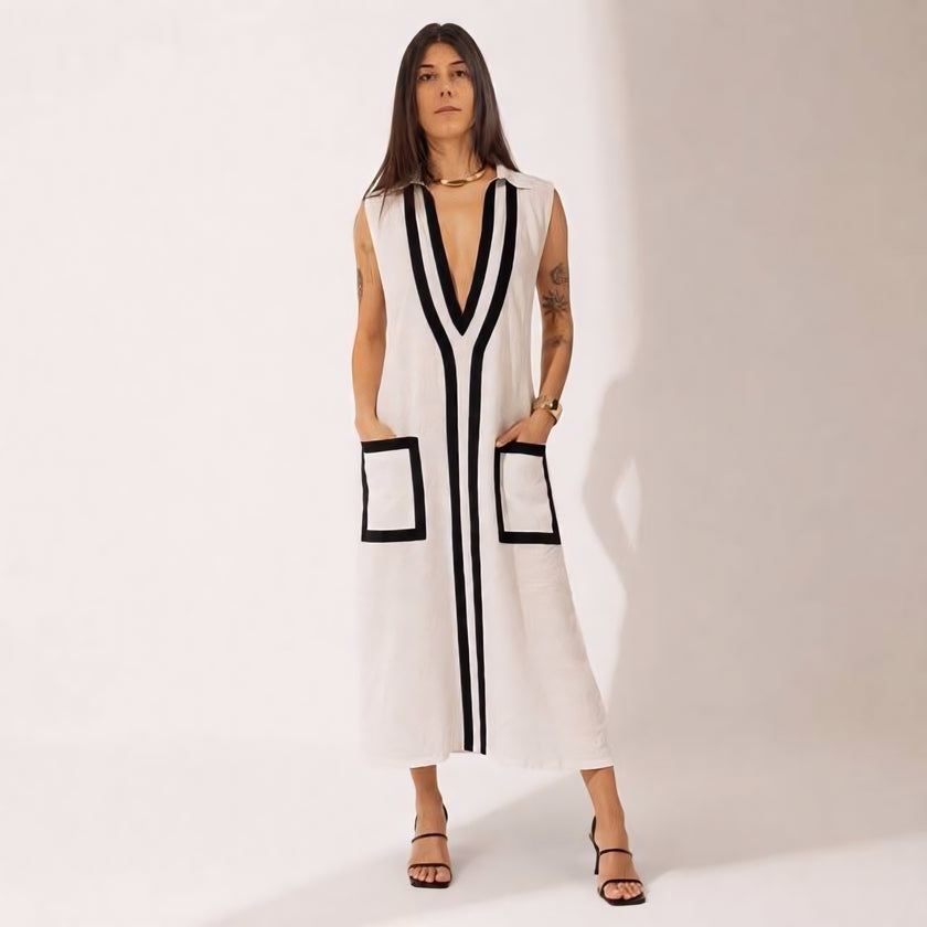 Linen Contrast Trim Maxi Dress