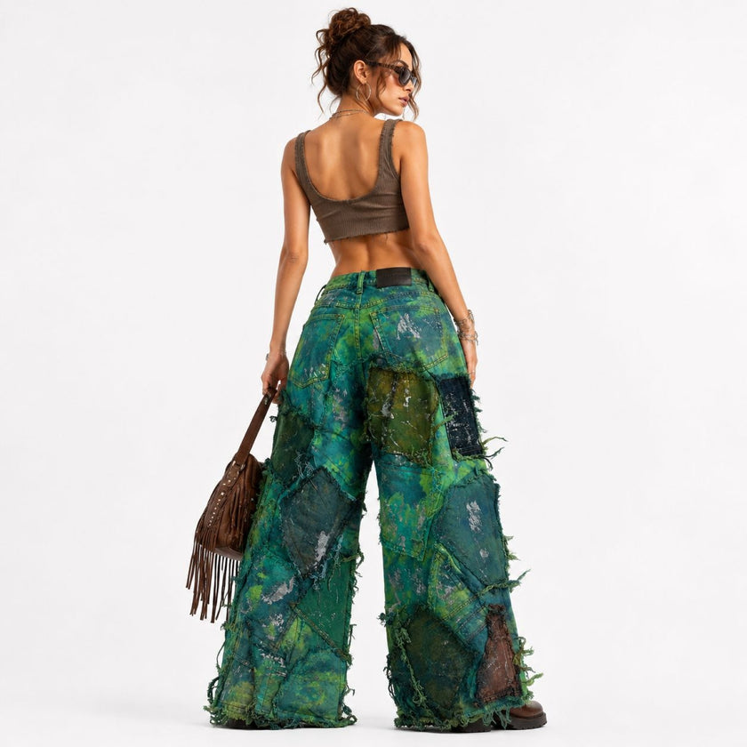 Wearable Ruins Shredded Wide Leg Colored Denim Pants A