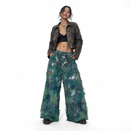 Wearable Ruins Shredded Wide Leg Colored Denim Pants D