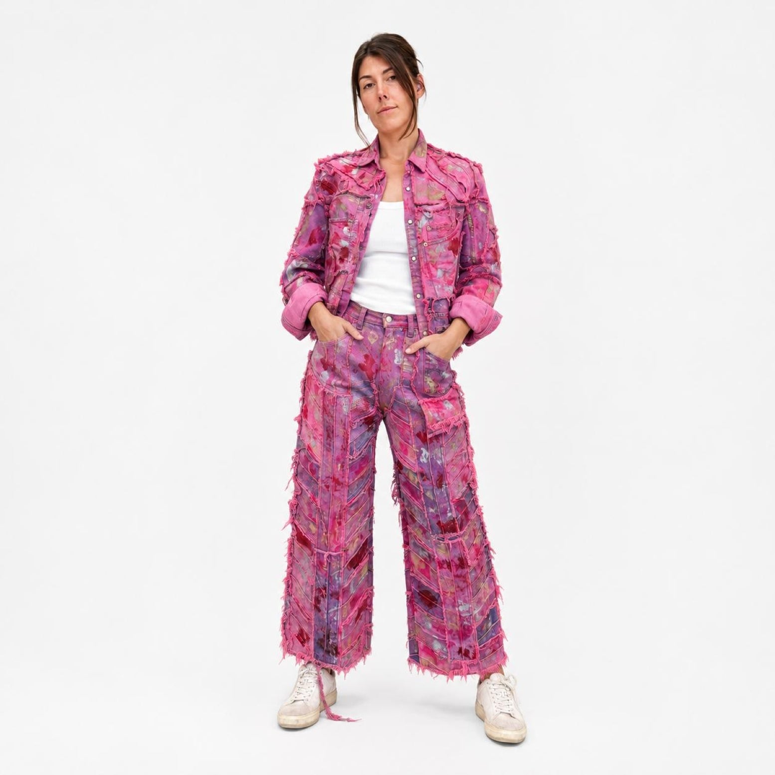 Wearable Ruins Pink Shredded Denim Colored Jacket