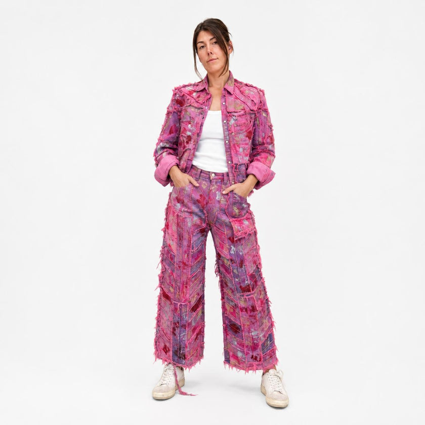 Wearable Ruins Pink Shredded Denim Colored Jacket