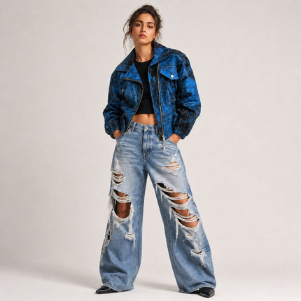 Blue Rusted Rollers Cropped Bomber Jacket