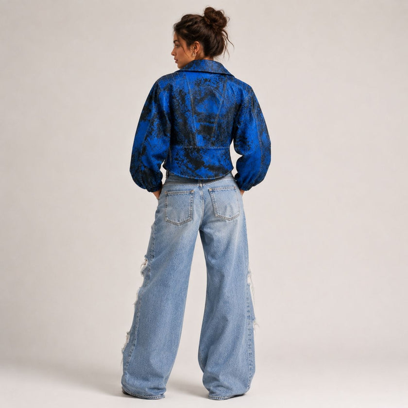 Blue Rusted Rollers Cropped Bomber Jacket