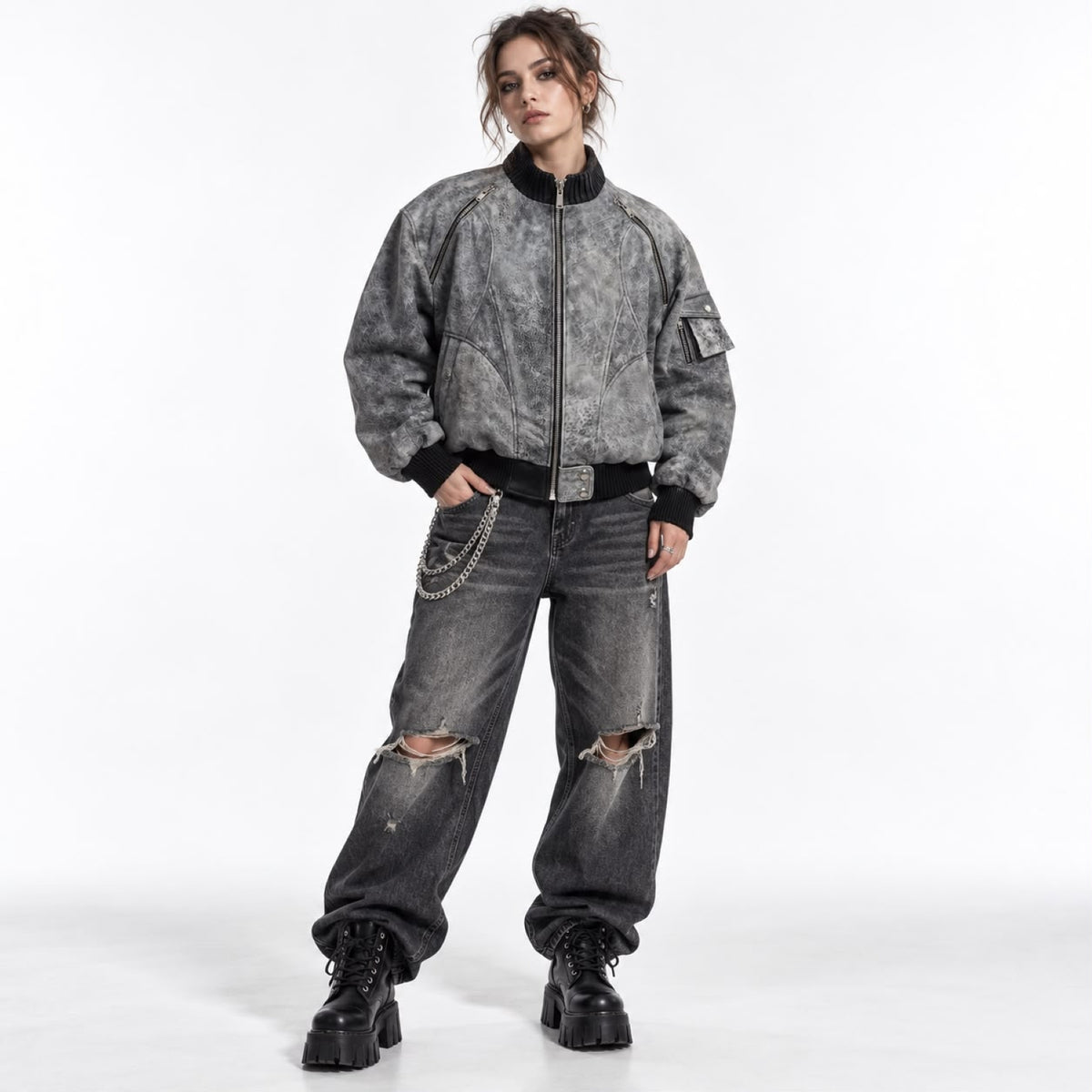 The Ashen Rebel Gray Leather Bomber