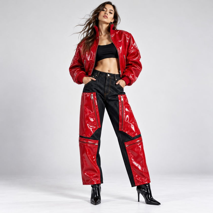 Cherry Pop — Leather-Panelled Denim Pants