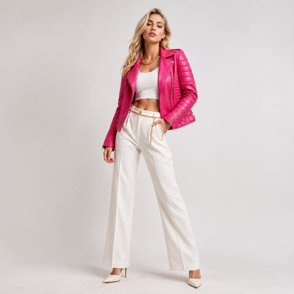 BLUE MOTORCYCLE FUCHSIA PINK BIKER LEATHER JACKET