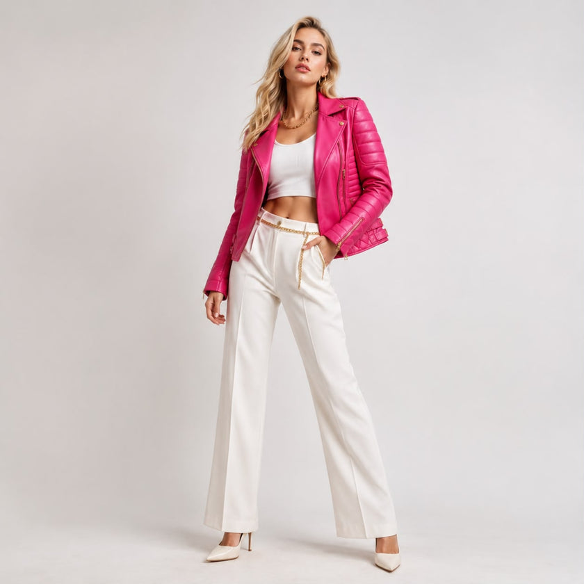 BLUE MOTORCYCLE FUCHSIA PINK BIKER LEATHER JACKET