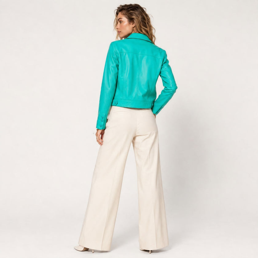 BUBBLE GUM SEA GREEN MULTI POCKET LEATHER JACKET