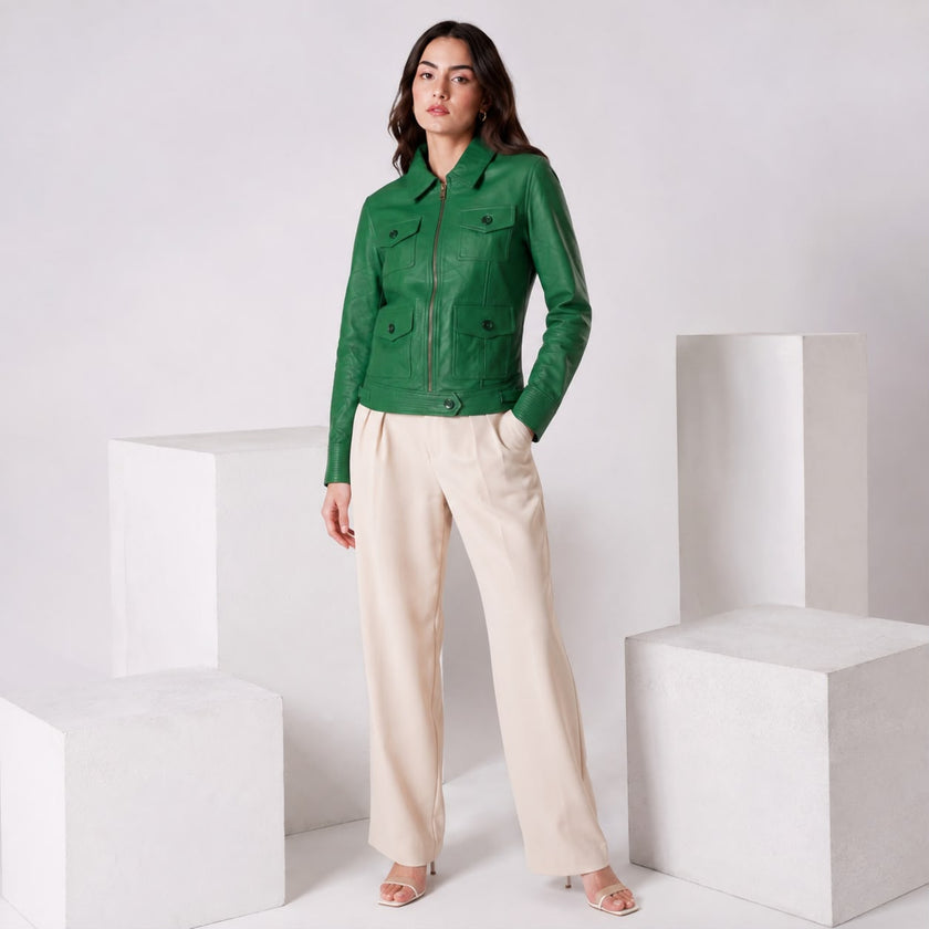 BUBBLE GUM GREEN MULTI POCKET LEATHER JACKET