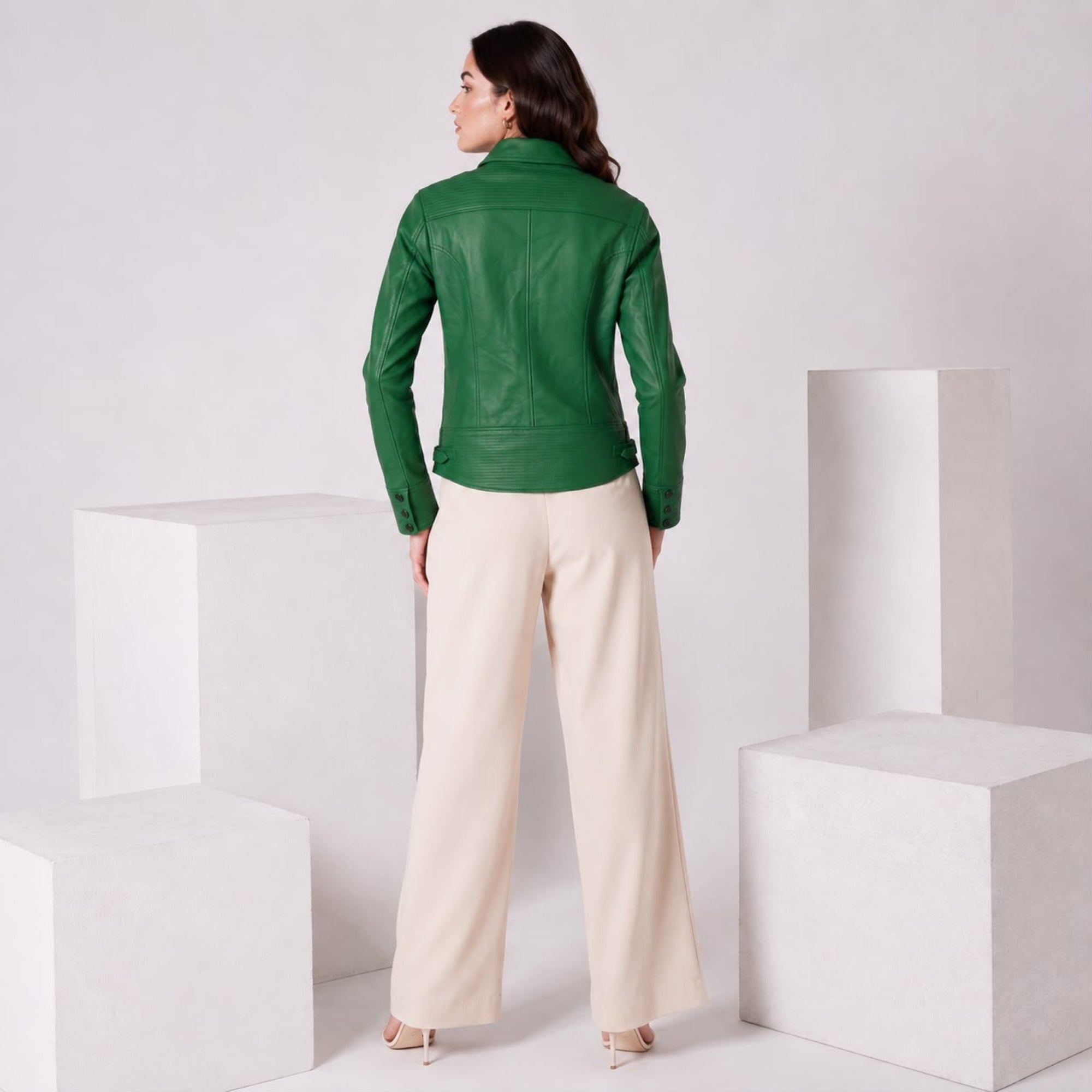 BUBBLE GUM GREEN MULTI POCKET LEATHER JACKET