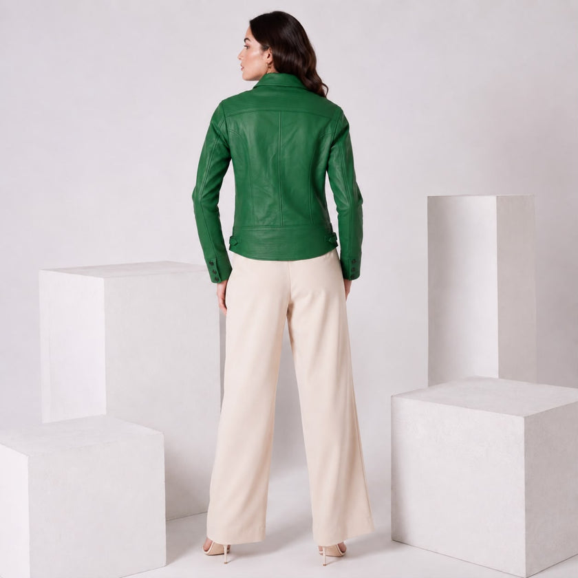 BUBBLE GUM GREEN MULTI POCKET LEATHER JACKET
