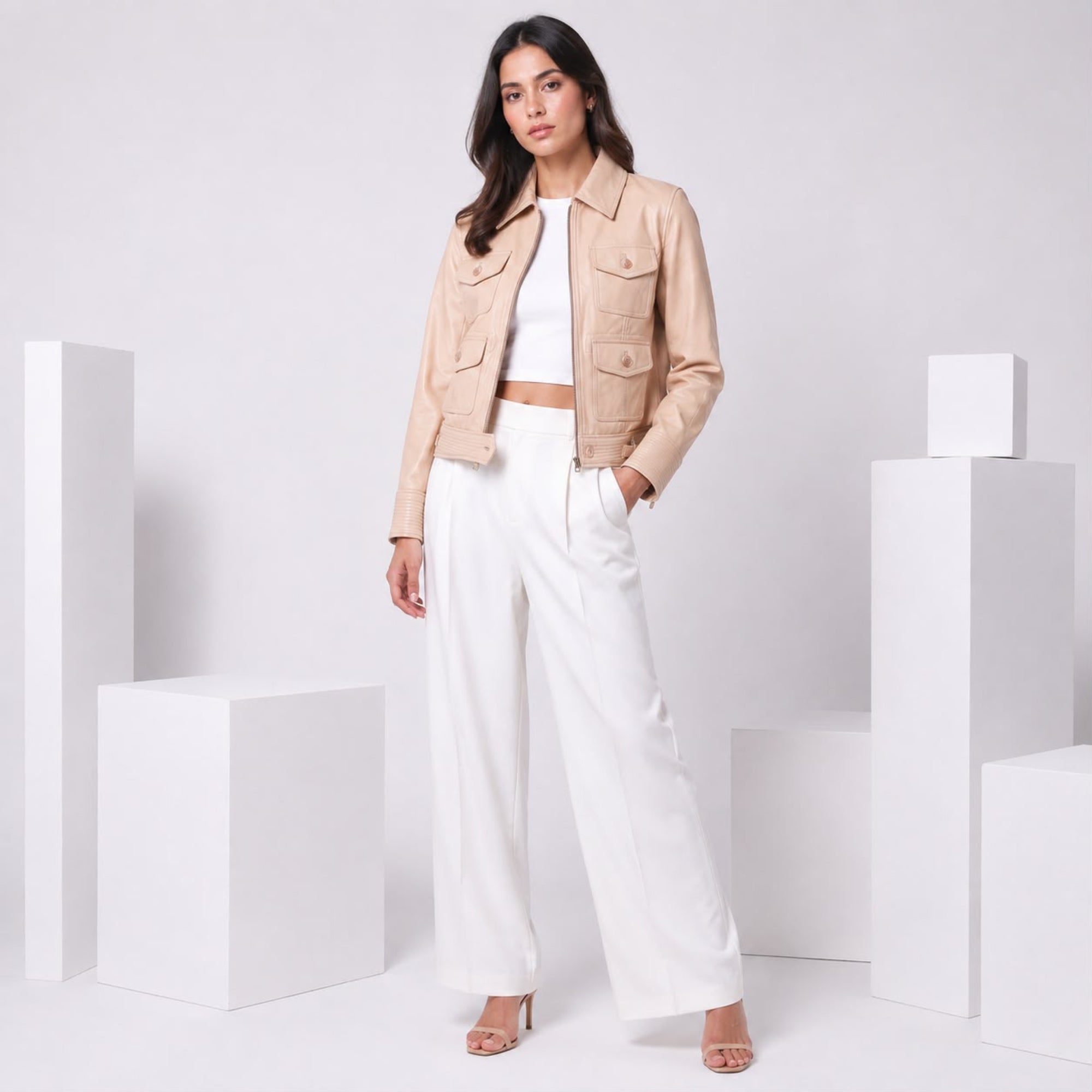 BUBBLE GUM PEACH MULTI POCKET LEATHER JACKET