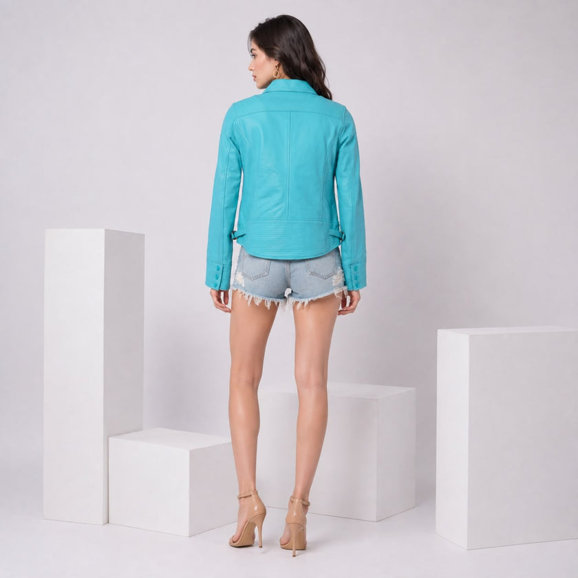 BUBBLE GUM SKY BLUE MULTI POCKET LEATHER JACKET
