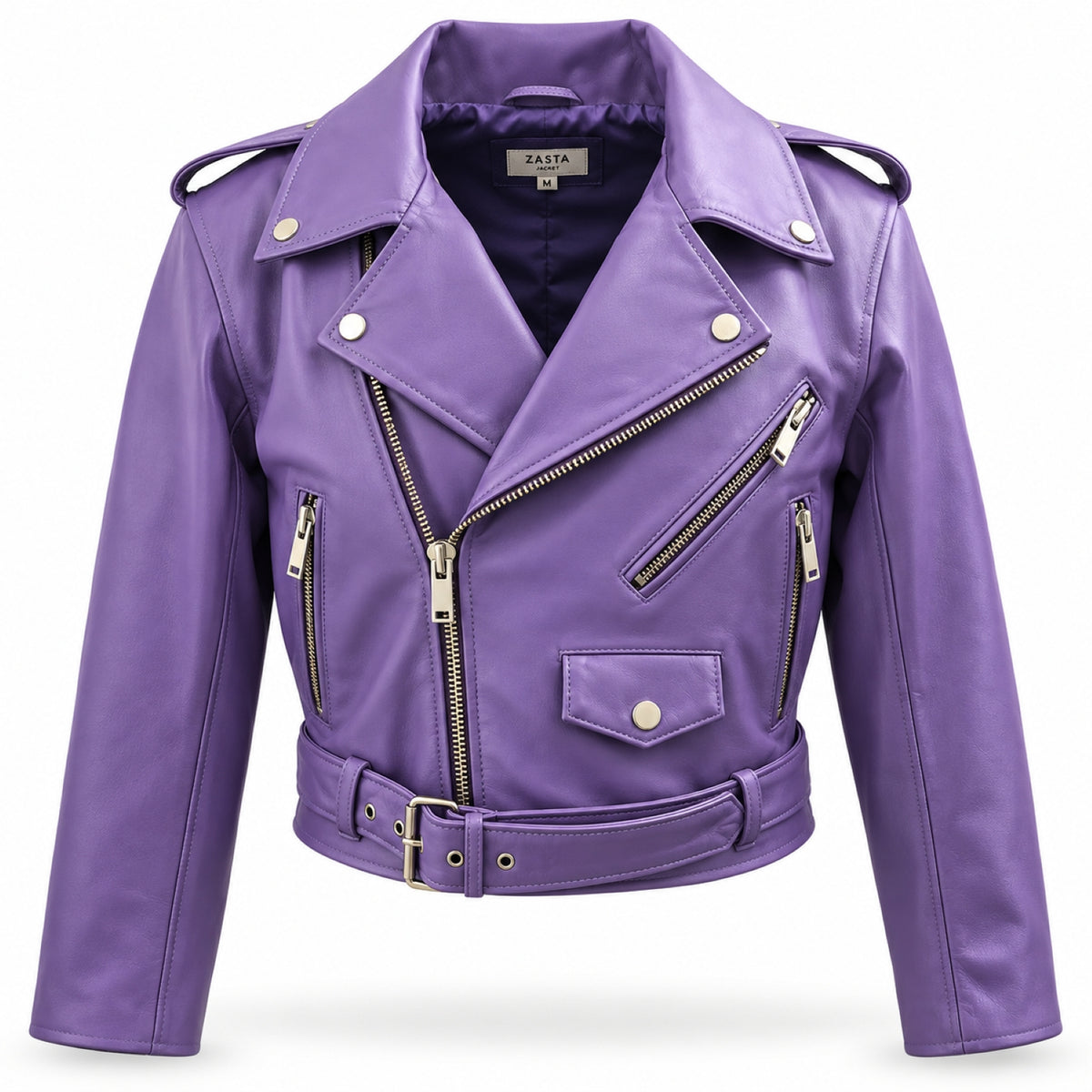 Purple Cropped Biker Leather Jacket