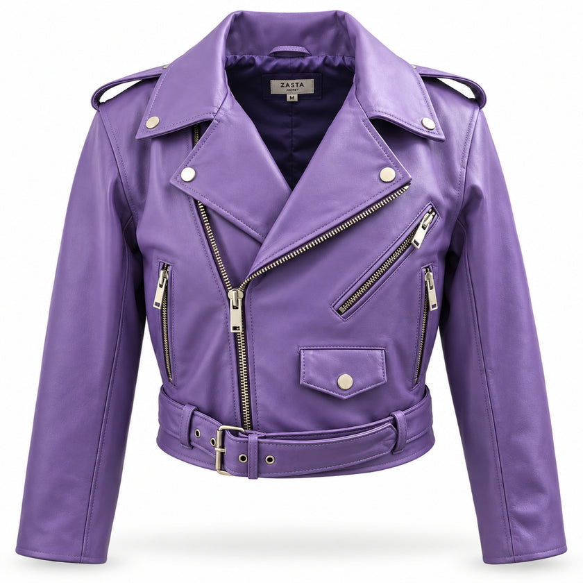 Purple Cropped Biker Leather Jacket