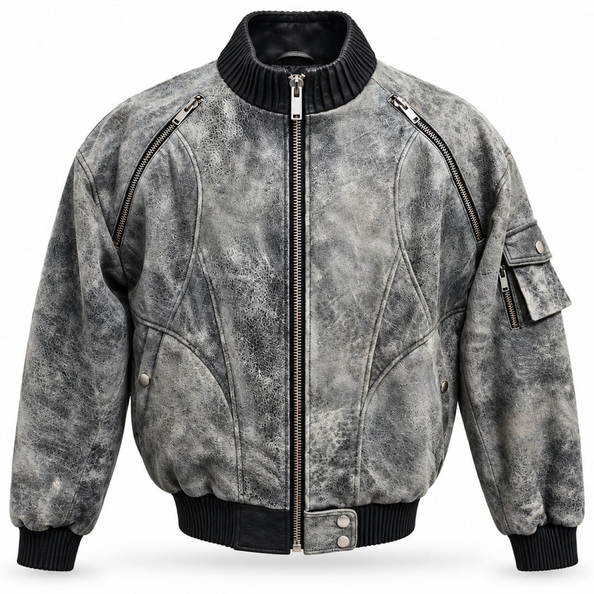 The Ashen Rebel Gray Leather Bomber