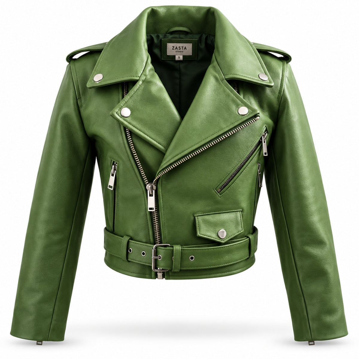 Green Cropped Biker Leather Jacket