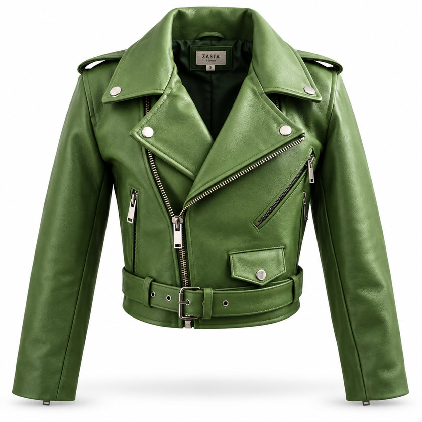 Green Cropped Biker Leather Jacket