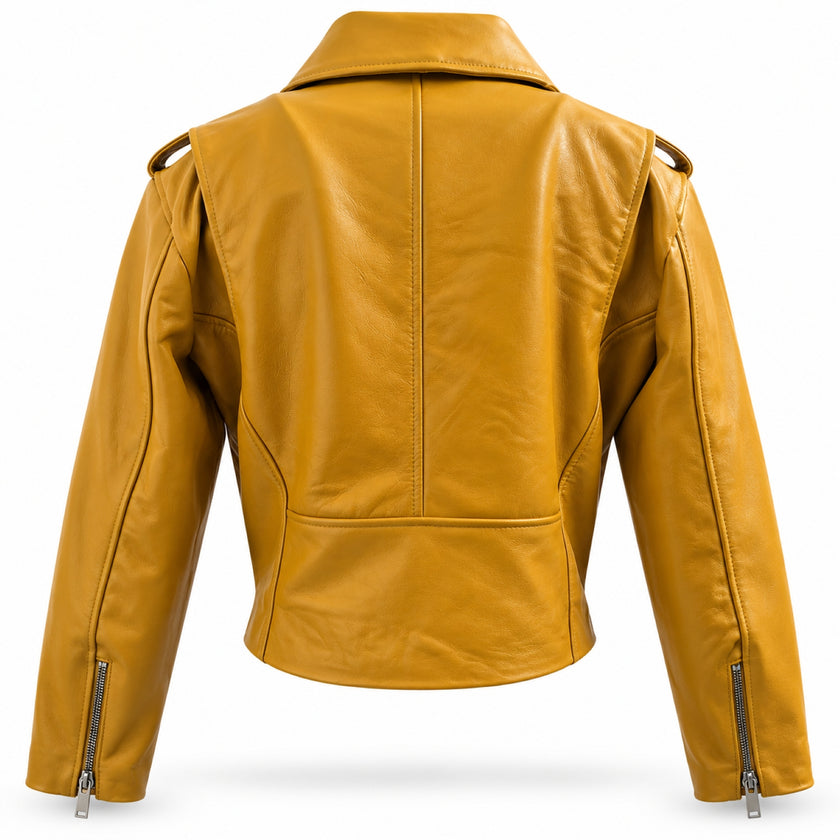 Yellow Cropped Biker Leather Jacket
