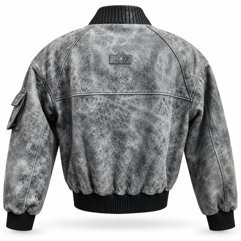 The Ashen Rebel Gray Leather Bomber