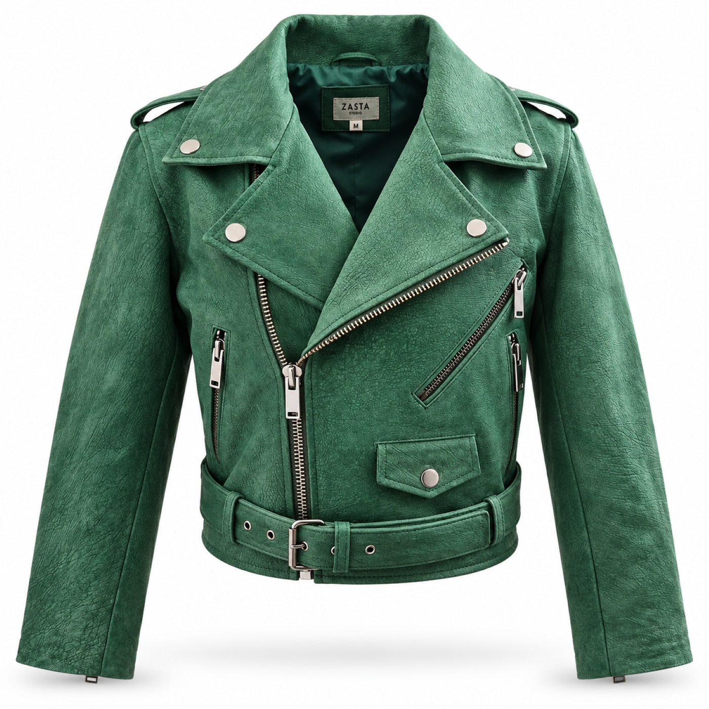 Sea Green Cropped Biker Leather Jacket