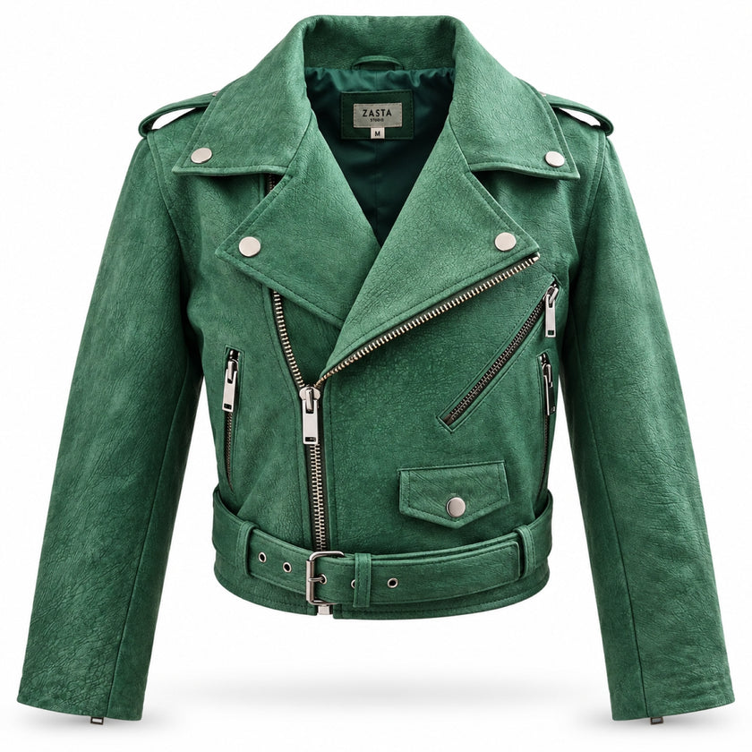 Sea Green Cropped Biker Leather Jacket