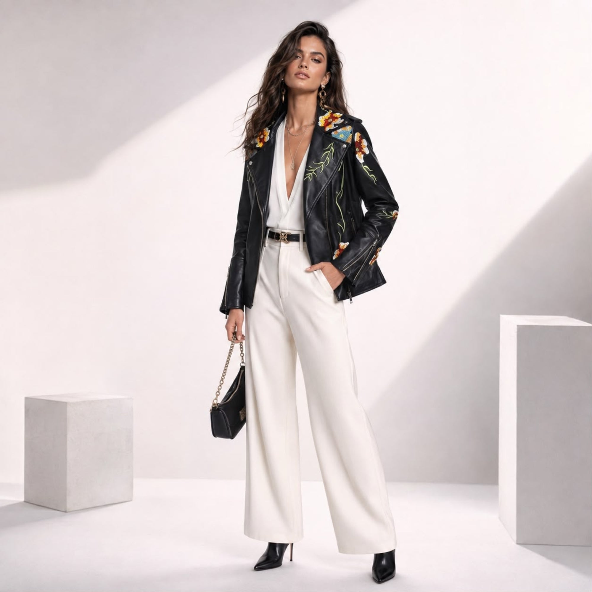 FLOWER WINE BLACK EMBROIDERED LEATHER JACKET