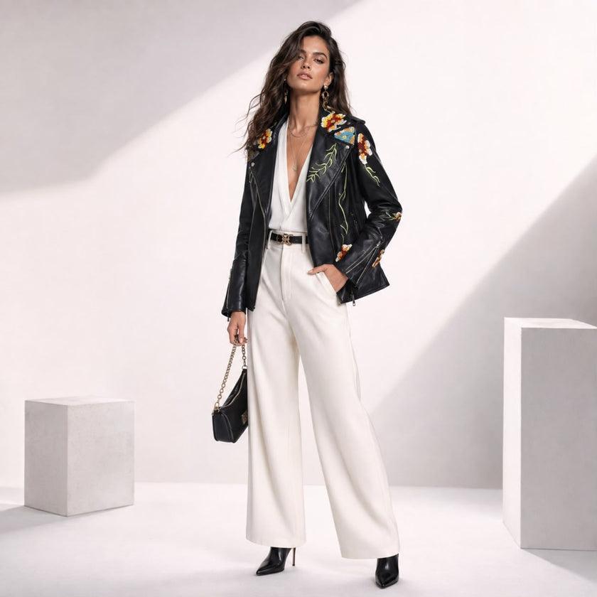 FLOWER WINE BLACK EMBROIDERED LEATHER JACKET
