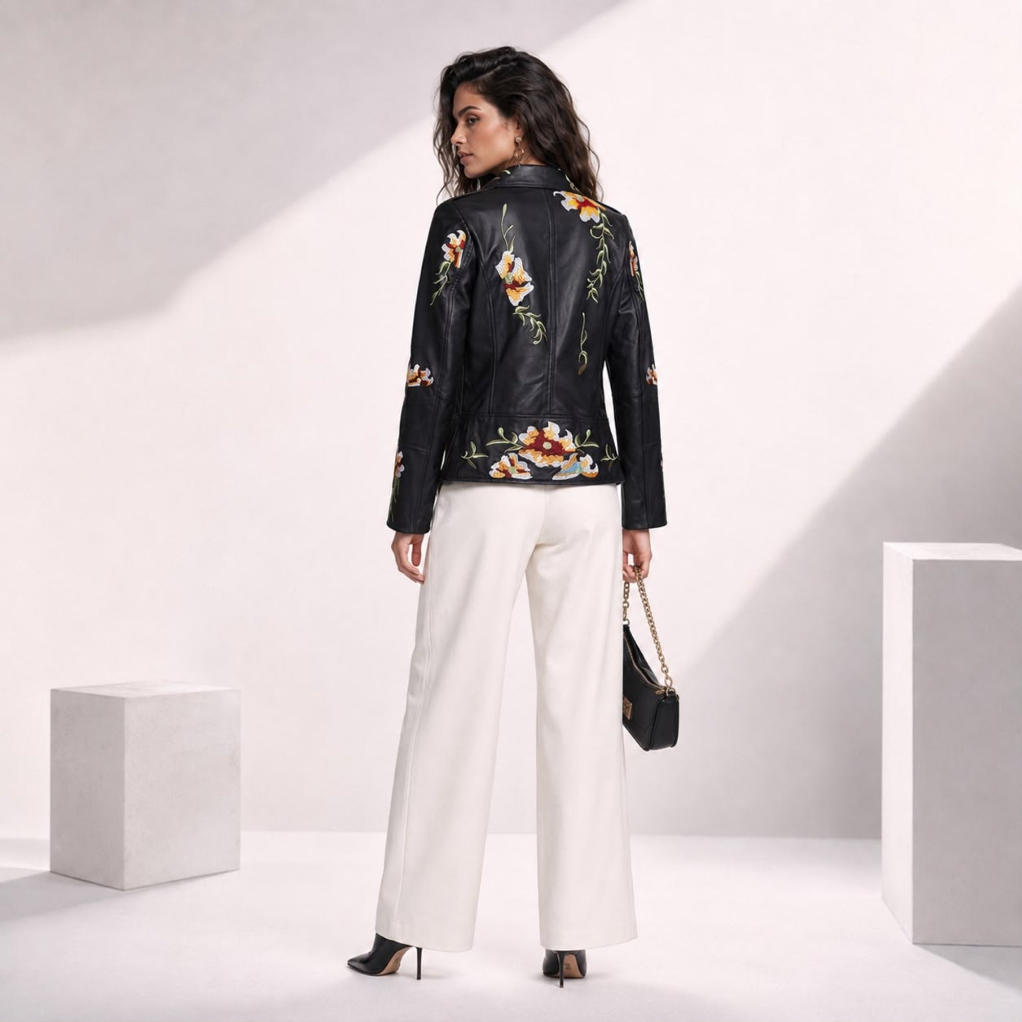 FLOWER WINE BLACK EMBROIDERED LEATHER JACKET