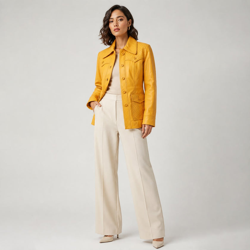 OLD FASHIONED YELLOW QUILTED MULTI POCKET LEATHER COAT