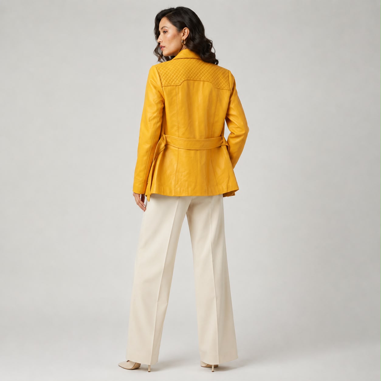 OLD FASHIONED YELLOW QUILTED MULTI POCKET LEATHER COAT