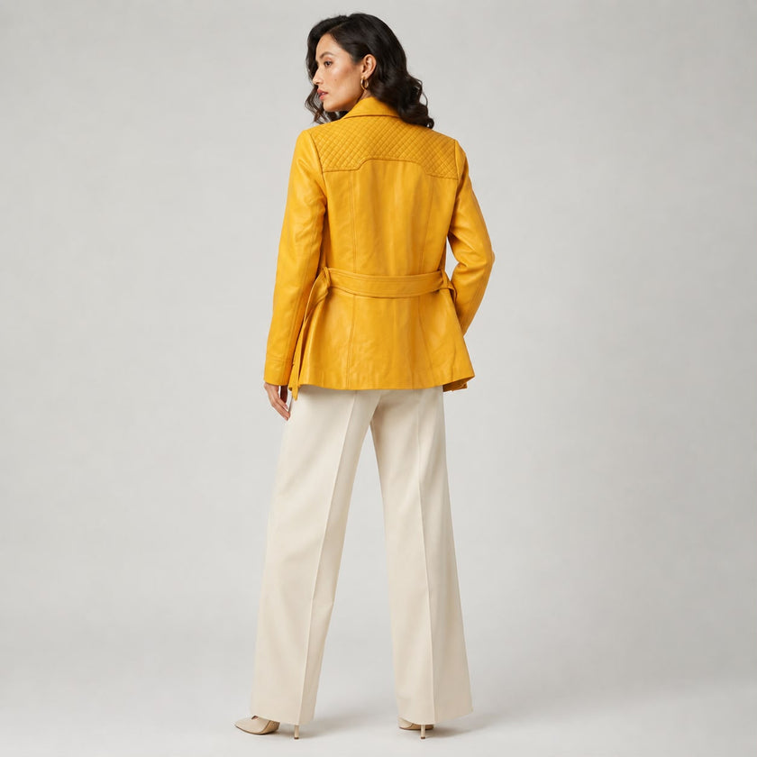 OLD FASHIONED YELLOW QUILTED MULTI POCKET LEATHER COAT
