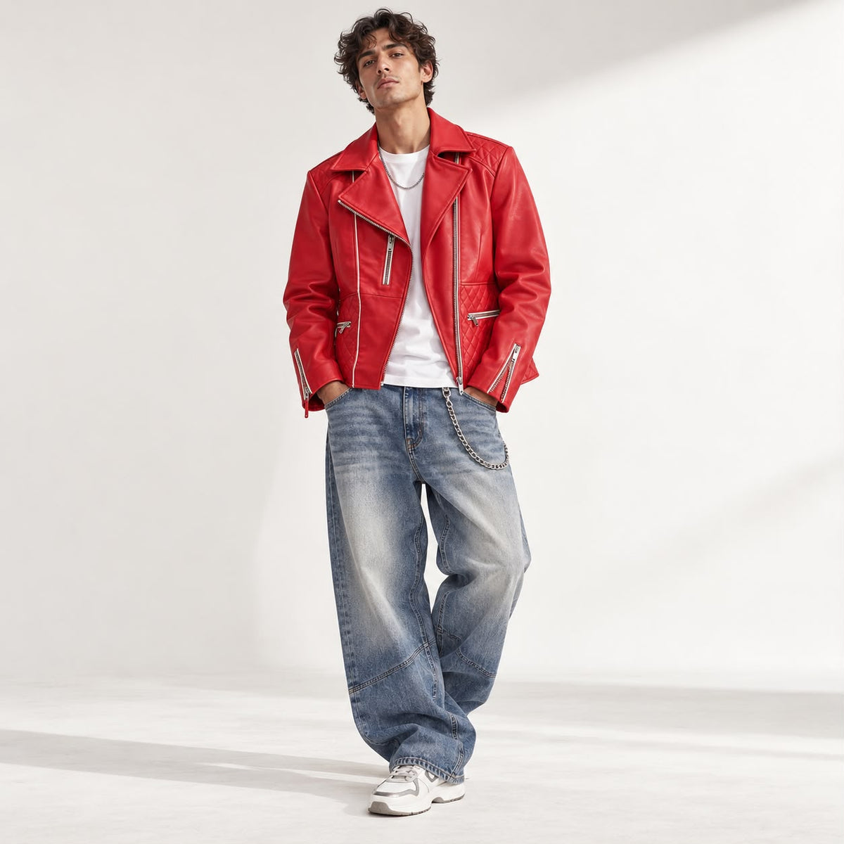 Outlaw Biker Men Moto Red Leather Jacket