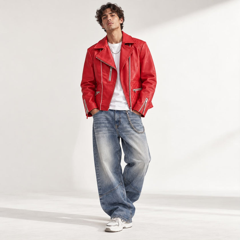 Outlaw Biker Men Moto Red Leather Jacket