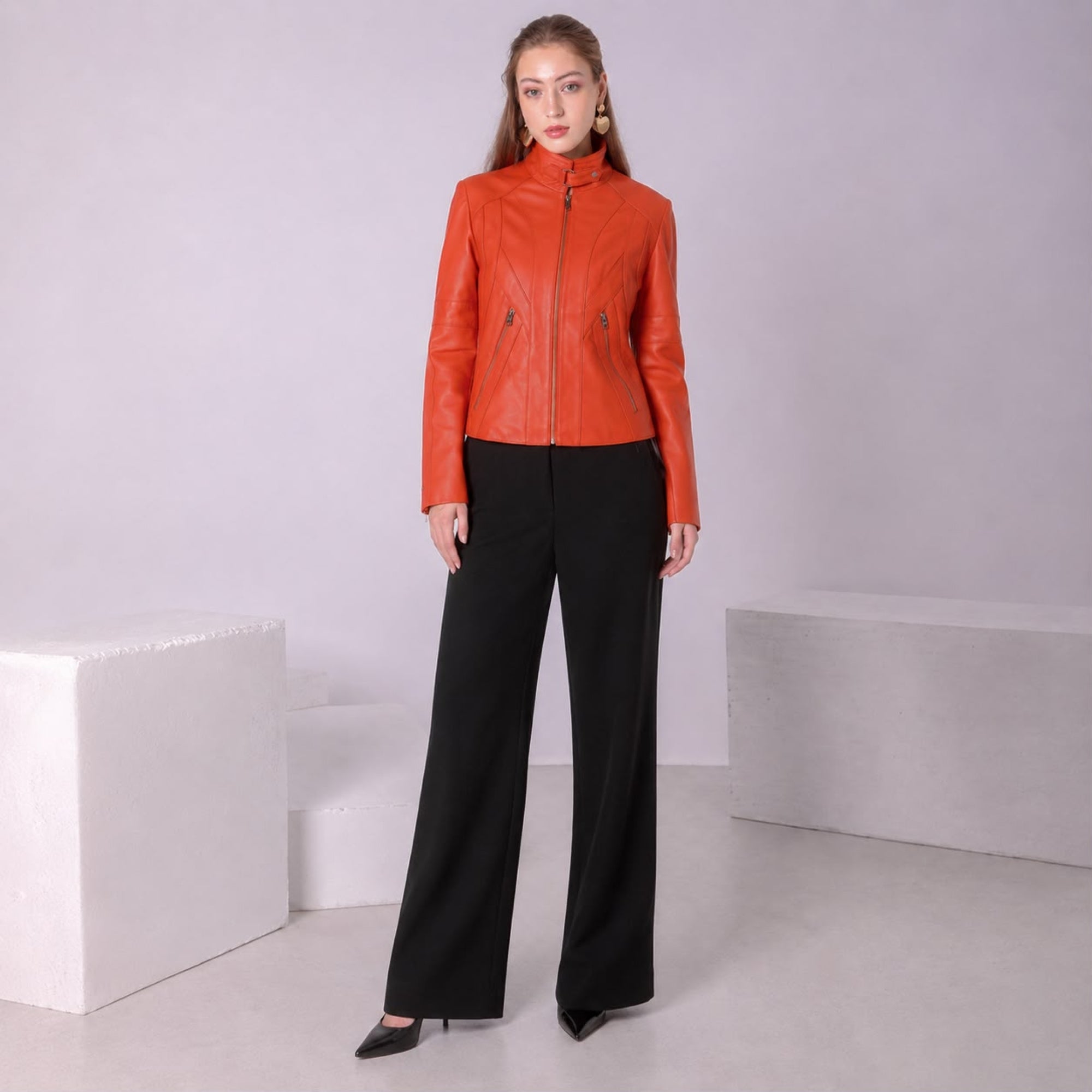 RHYTHMS ORANGE LEATHER BIKER JACKET
