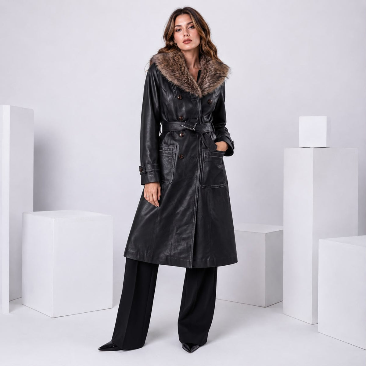 ROYAL JULEP BLACK LONG LEATHER COAT WITH FAUX FUR LINING