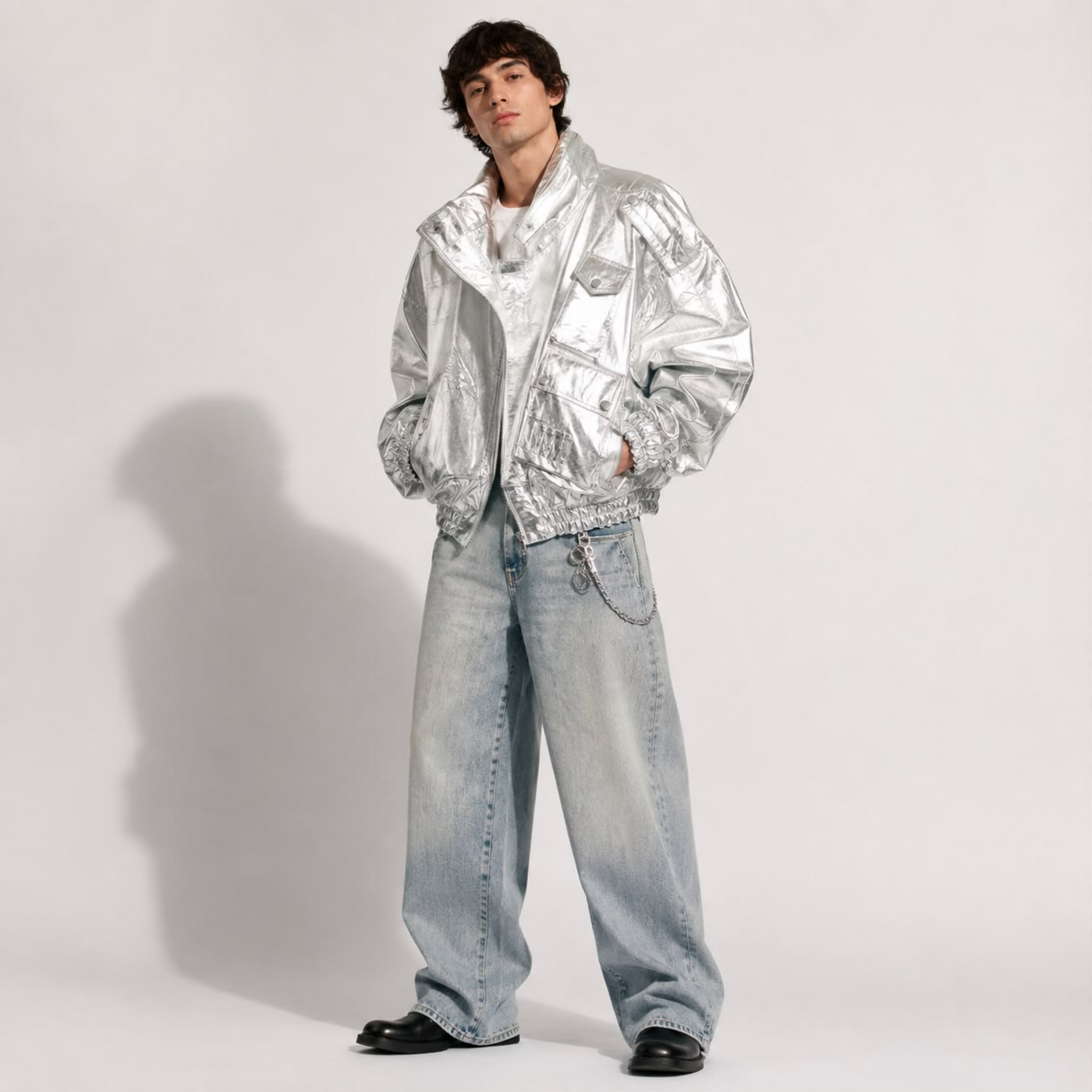 SILVER GALAXY MEN OVERSIZED BOMBER LEATHER JACKET
