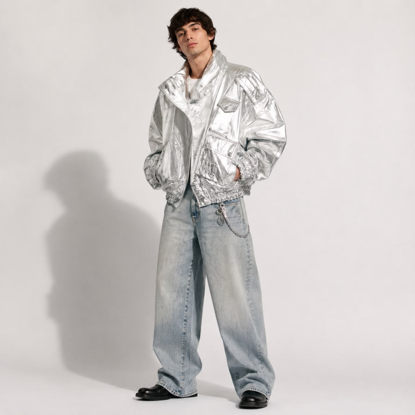 SILVER GALAXY MEN OVERSIZED BOMBER LEATHER JACKET