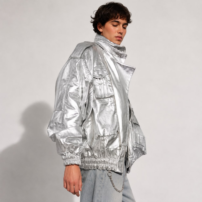SILVER GALAXY MEN OVERSIZED BOMBER LEATHER JACKET