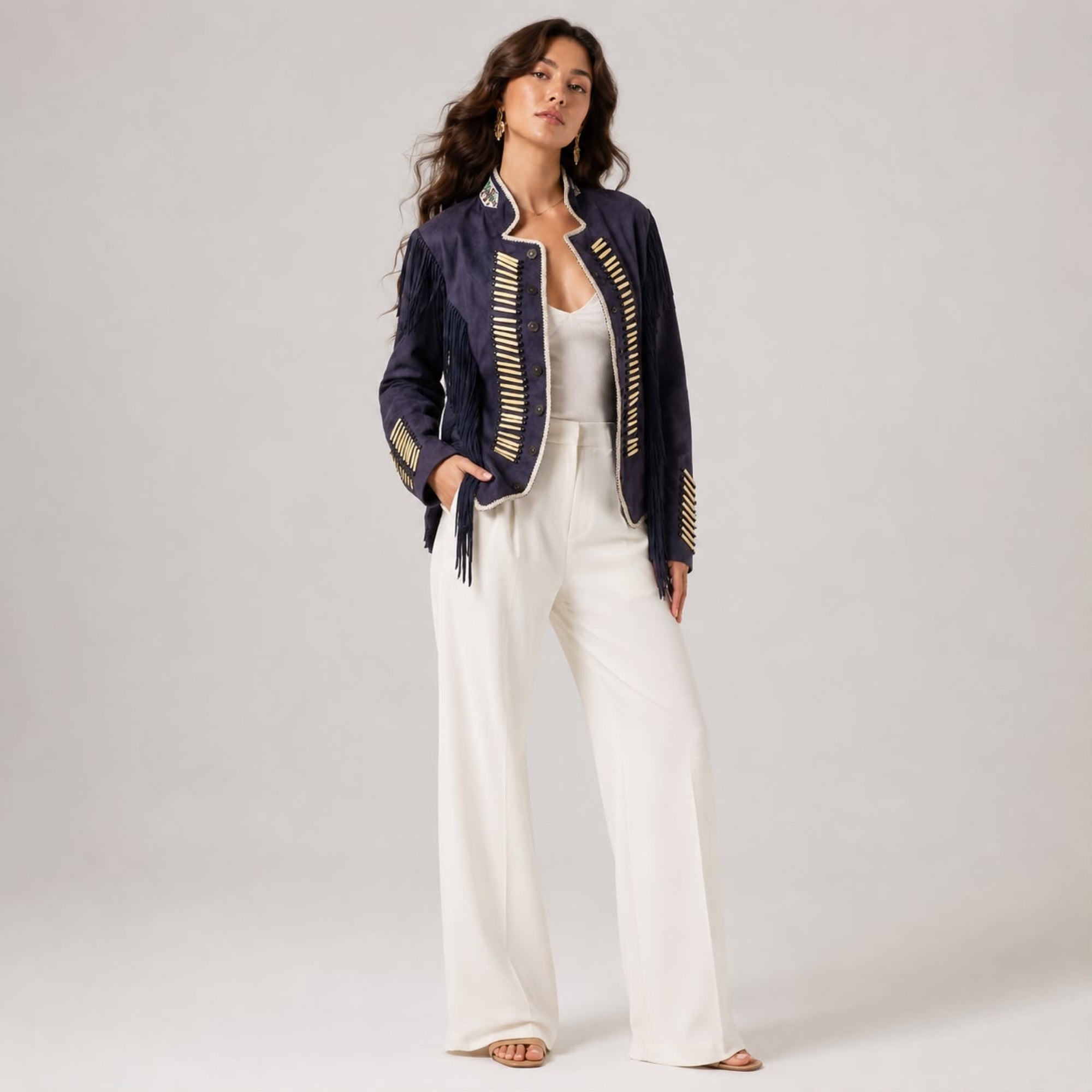 WARRIOR BLUE SUEDE JACKET WITH FRINGES AND BEADS