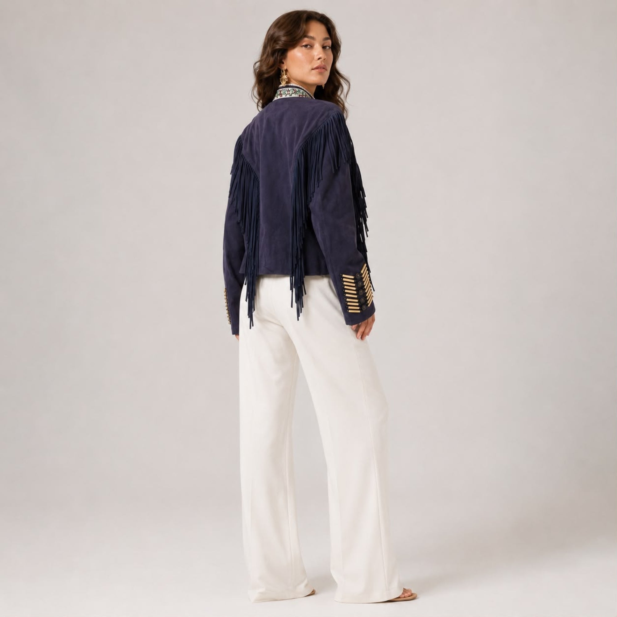 WARRIOR BLUE SUEDE JACKET WITH FRINGES AND BEADS