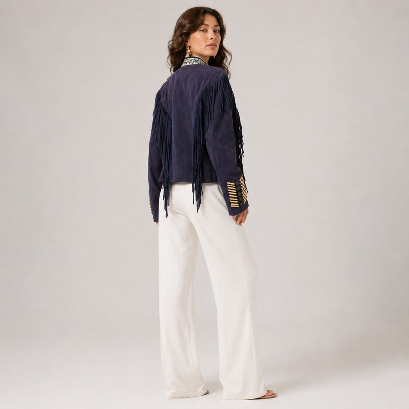 WARRIOR BLUE SUEDE JACKET WITH FRINGES AND BEADS