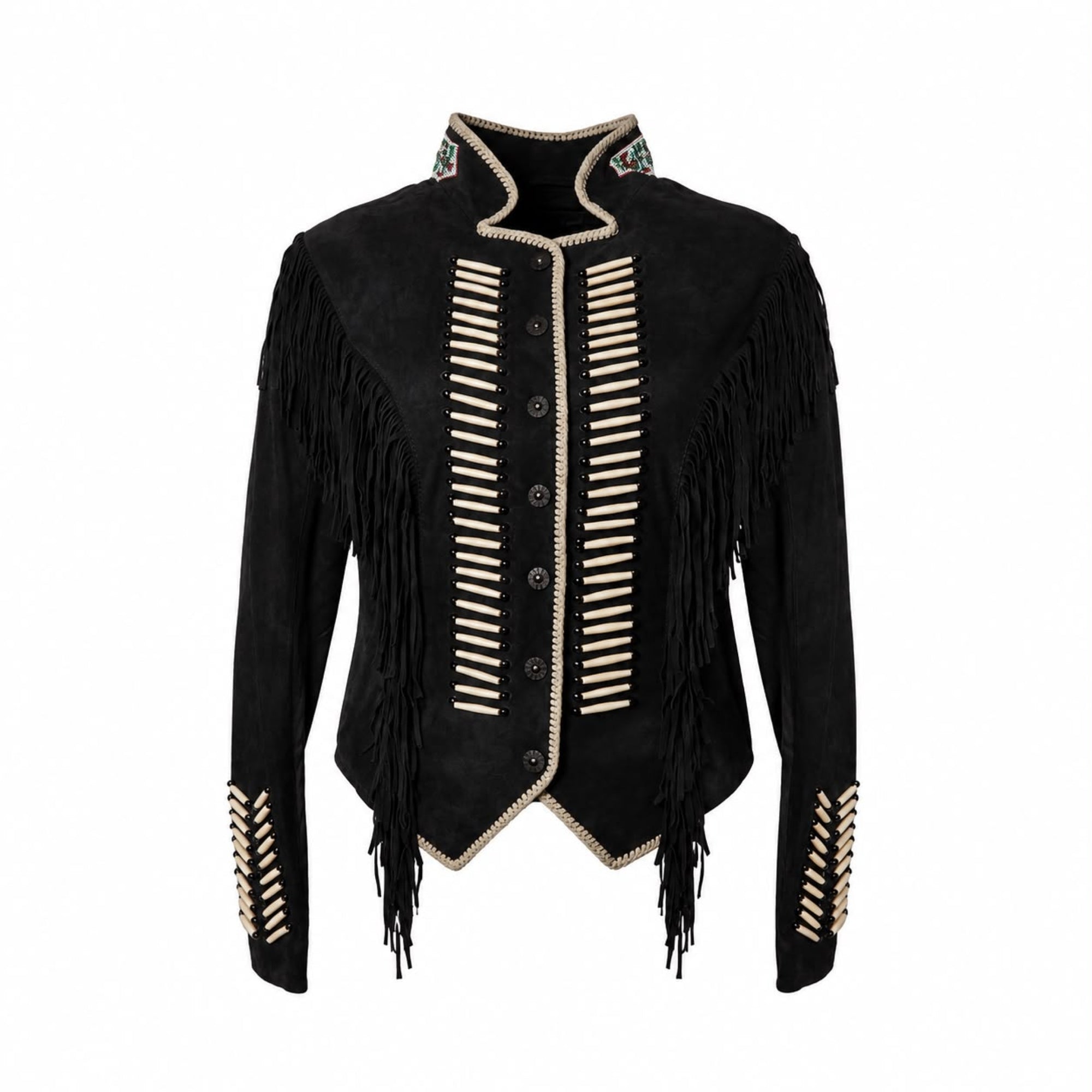 WARRIOR BLACK SUEDE JACKET WITH FRINGES AND BEADS