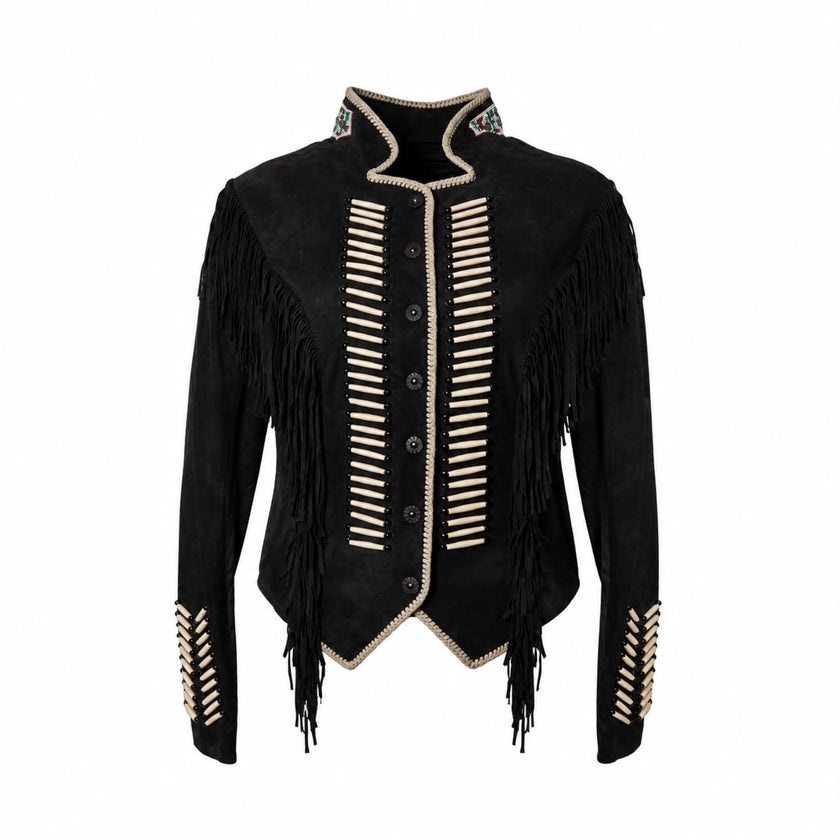WARRIOR BLACK SUEDE JACKET WITH FRINGES AND BEADS