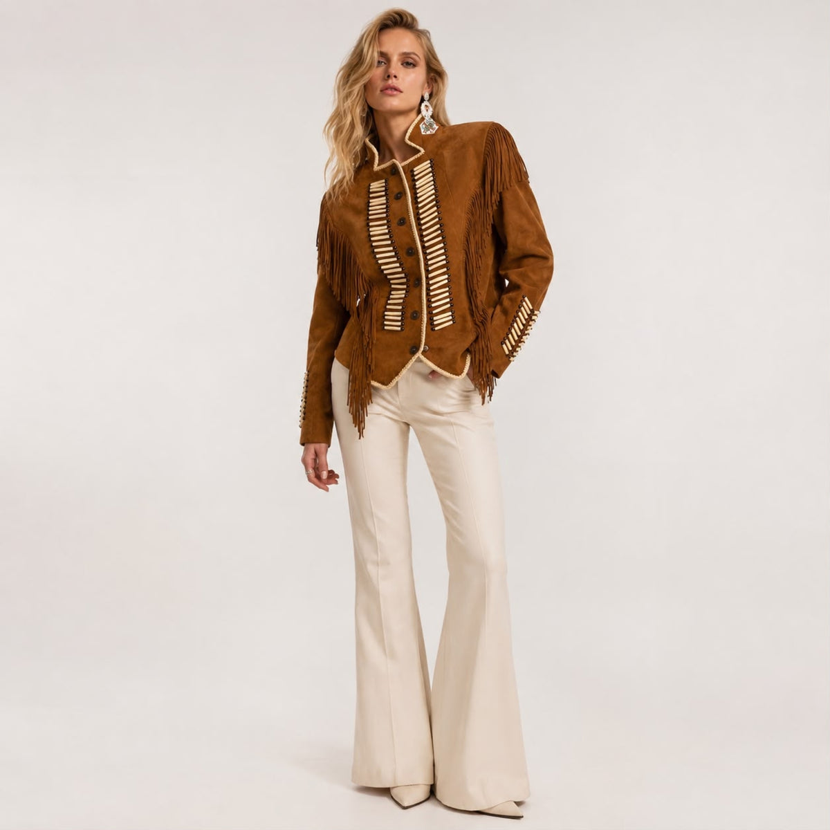 WARRIOR CAMEL SUEDE JACKET WITH FRINGES AND BEADS