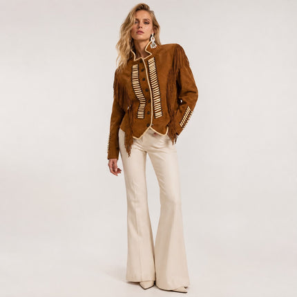 WARRIOR CAMEL SUEDE JACKET WITH FRINGES AND BEATS