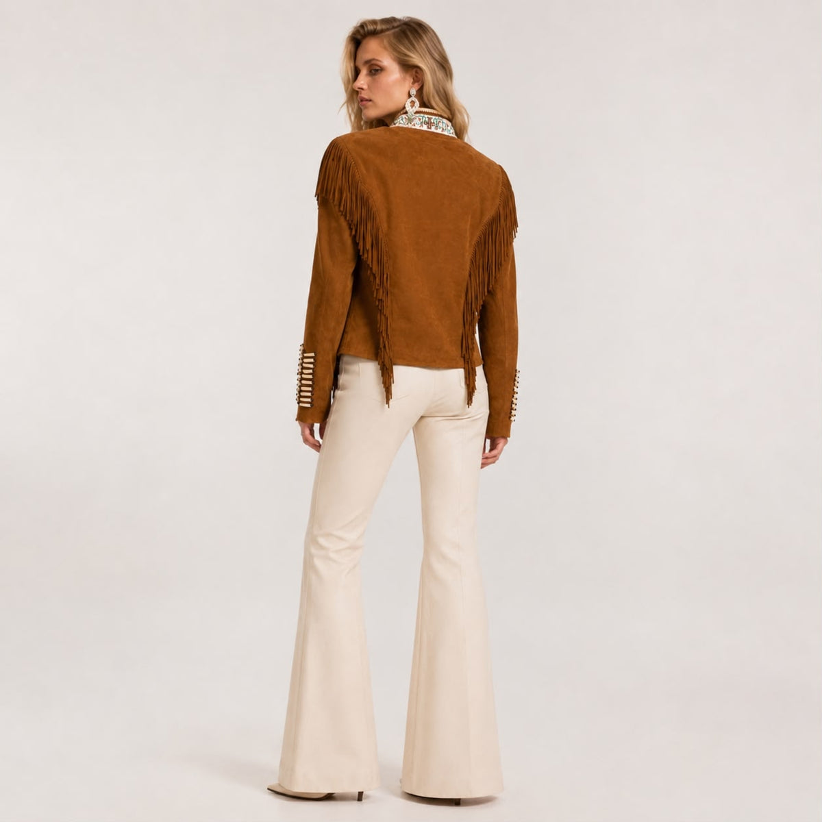 WARRIOR CAMEL SUEDE JACKET WITH FRINGES AND BEADS