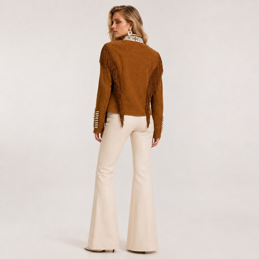WARRIOR CAMEL SUEDE JACKET WITH FRINGES AND BEADS