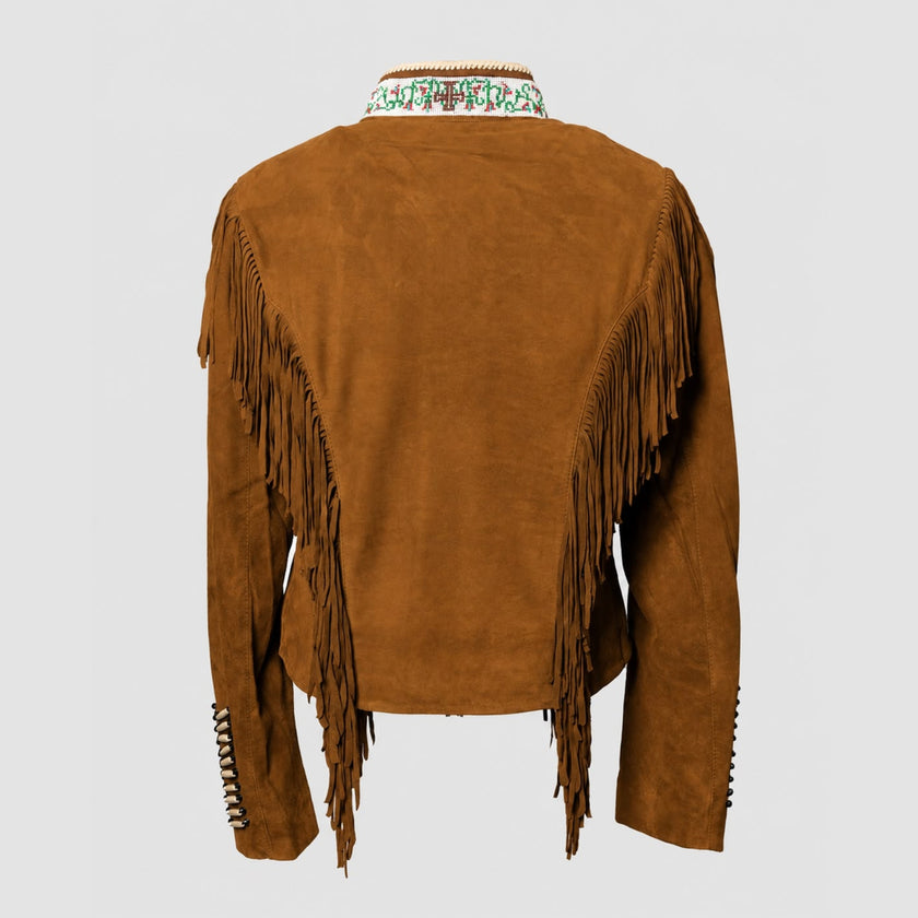 WARRIOR CAMEL SUEDE JACKET WITH FRINGES AND BEADS
